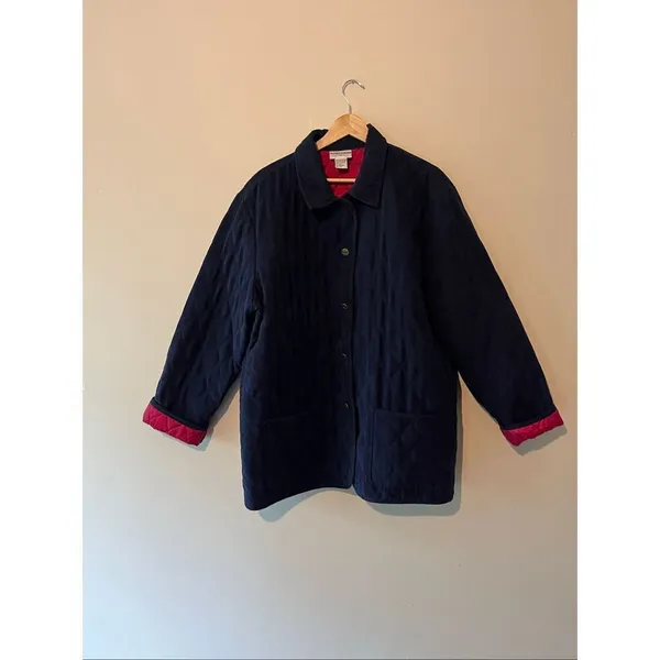 Vintage Alfred Dunner Quilted Jacket Navy Blue Red Lining Soft Barn Coat Size 18 - Image 3