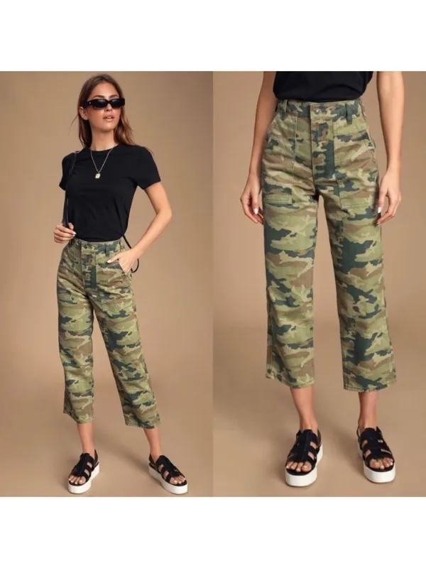 Free People Remy‎ Pants Size 24 Moss Green Camo High Rise Cropped Gorpcore Indie - Image 11