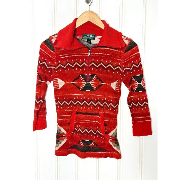 Lauren Ralph Lauren Active Red Southwestern Quarter Zip Cotton Pullover Small - Image 2