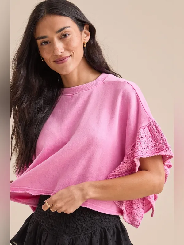 ALTAR’D STATE Kaia Crochet Flutter sleeve top in Pink Sz L NWOT $58 - Image 2