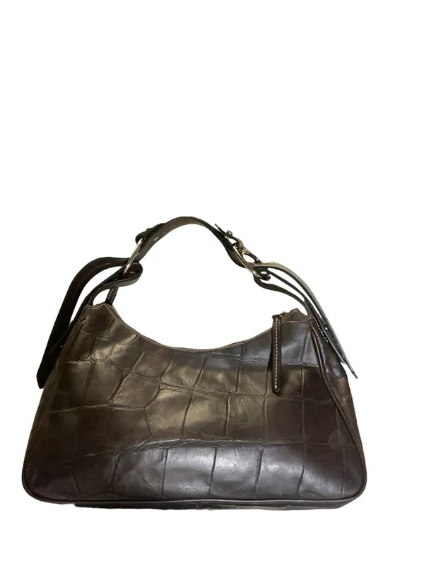 Dooney & Bourke Vintage Dark Brown Croc Embossed Leather Hobo Shoulder Bag | Silver Logo Plaque & Duck Charm - Image 2