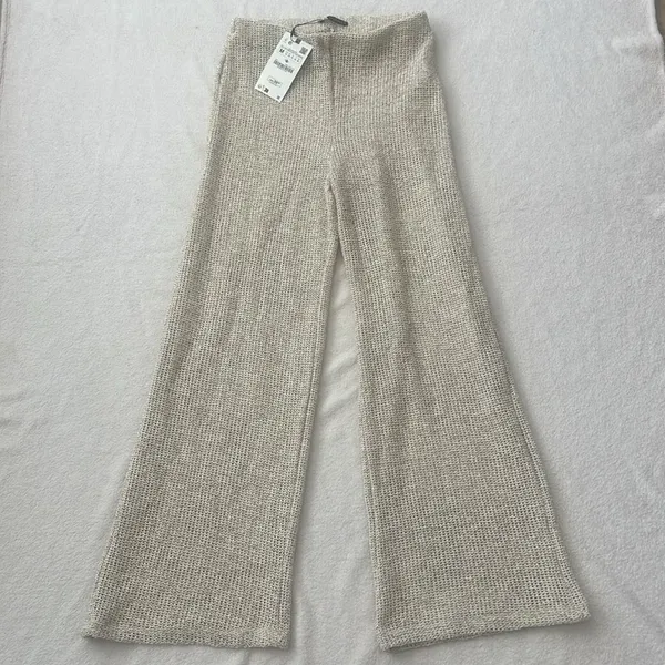 Zara NWT Beige Textured Bouclé Wide Leg Pants Size M - Image 5