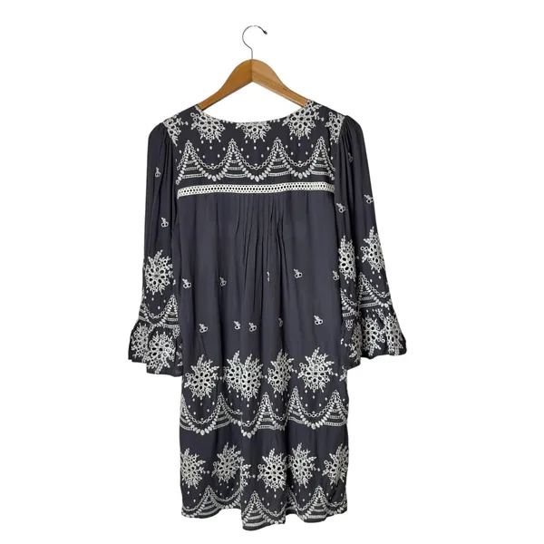 Sundance Embroidered Mini Dress Women Medium Gray Boho Eyelet Bell Sleeve - Image 3