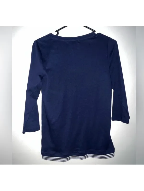 Lauren Ralph Lauren Navy Blue Cotton V-Neck Top with Striped Trim, Size PM - Image 3