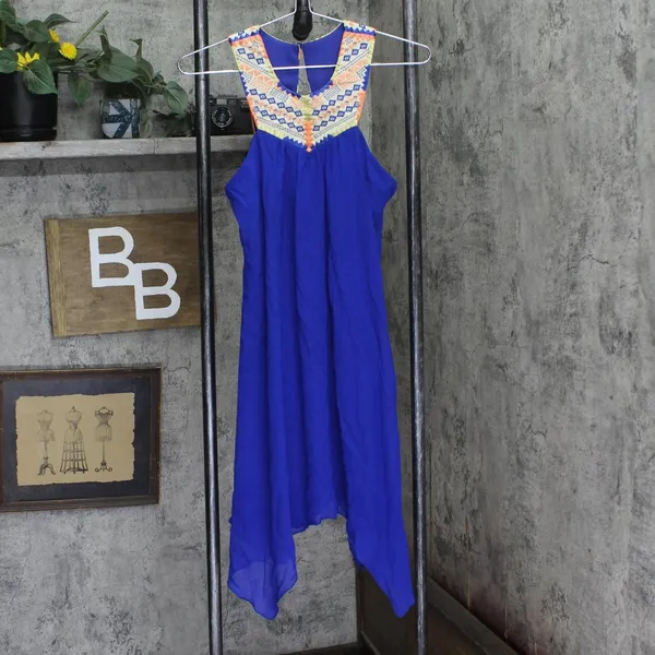 NWT City Studios Juniors Embroidered Handkerchief-Hem Shift Dress 2XS Blue - Image 3