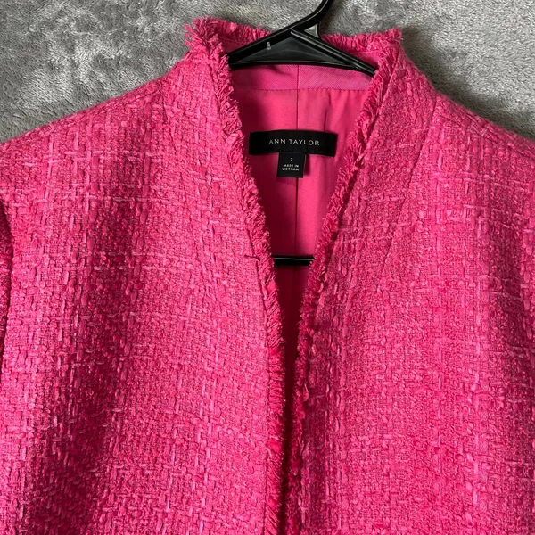 Ann Taylor Pink Tweed Open Front Blazer Office Career Boss Babe Soft Glam Size 2 - Image 2