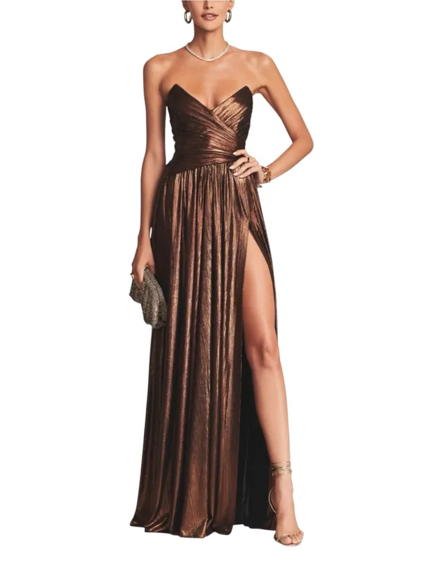 Retrofete Waldorf Lame Brown Metallic Evening Gown Side Slit Maxi Dress SMALL - Image 2