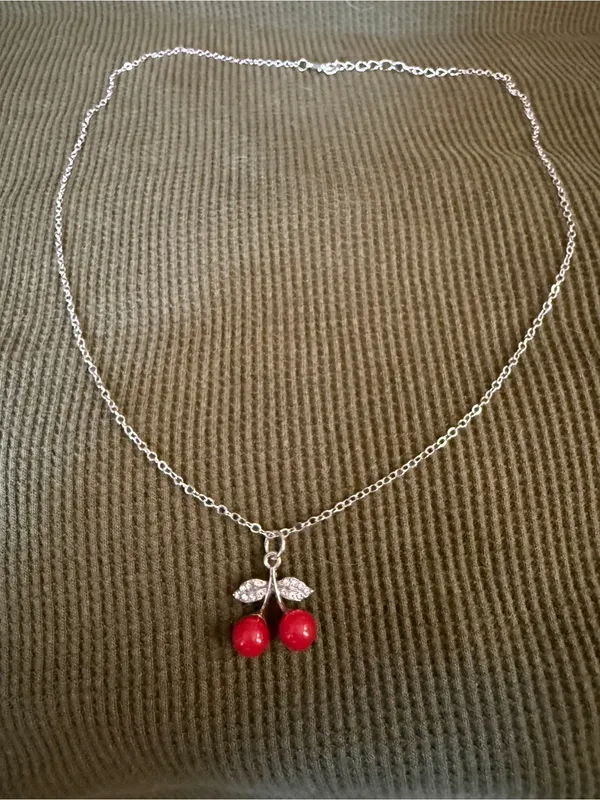 Silver Chain Necklace with Red Cherry Pendant - Image 3