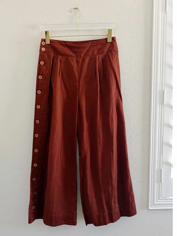 Anthropologie Wide Leg High Waist Linen Pant Button Leg Detail Size 4 - Image 4