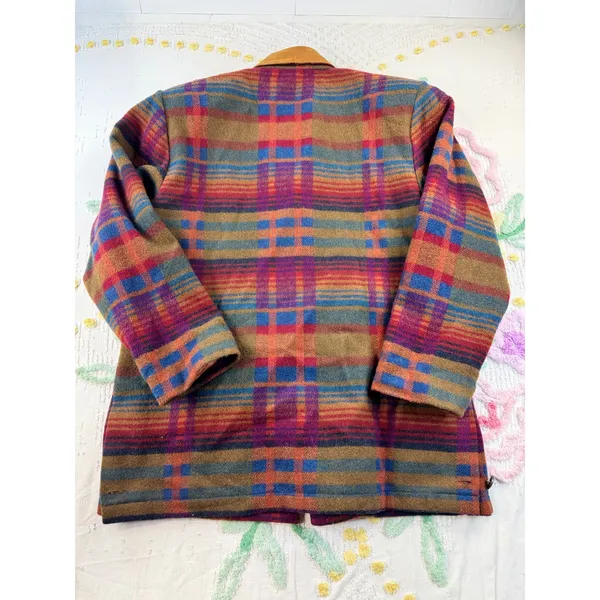 Eagle River Traders Multi Color Plaid Wool Blend Blazer Jacket Suede Trim BR 500 - Image 2