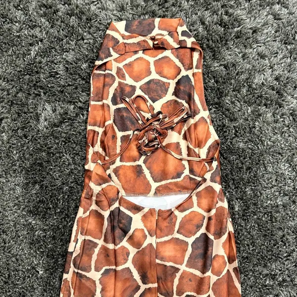 ASOS Design Satin Cowl Neck Halter Midi Tie Wrap Waist in Brown Animal, Size 8‌‌ - Image 3