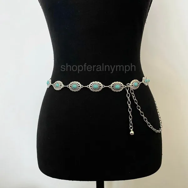 Silver Turquoise Oval Western Boho Chain Belt, Fits 24-43 Inches, X7GA1264 - Image 3