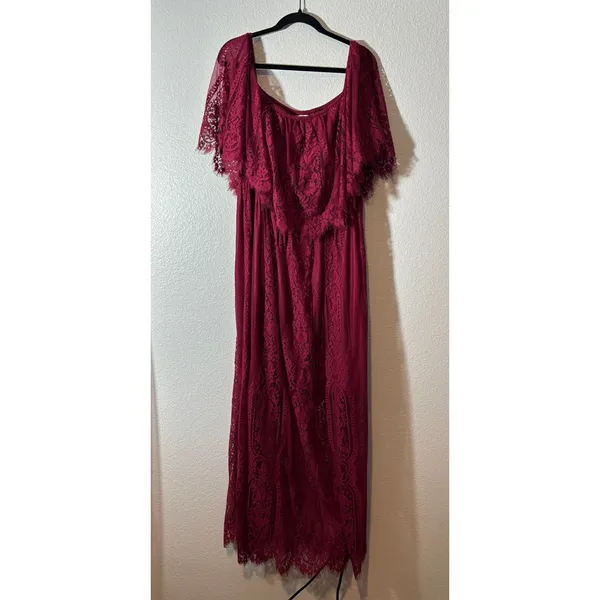 Holipick XXL Magenta Pink Flutter Sleeve Lace Overlay Off-Shoulder Maxi Dress - Image 2
