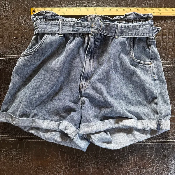 H&M Womens Cuffed Blue Jean Shorts Paperbag High Rise Elastic Waist Tie Belt 14 - Image 3
