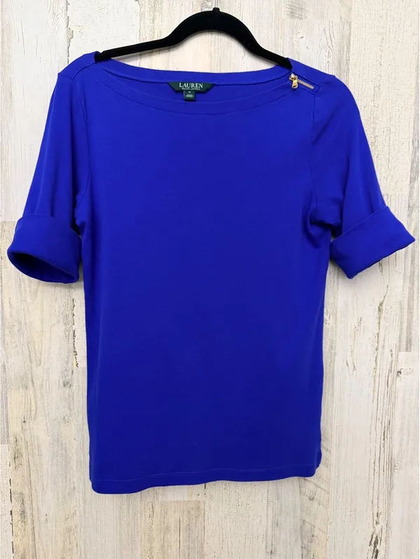 Lauren Ralph Lauren Women’s M Cobalt Blue Gold Zip Boat Neck Cuff Sleeve Top - Image 2