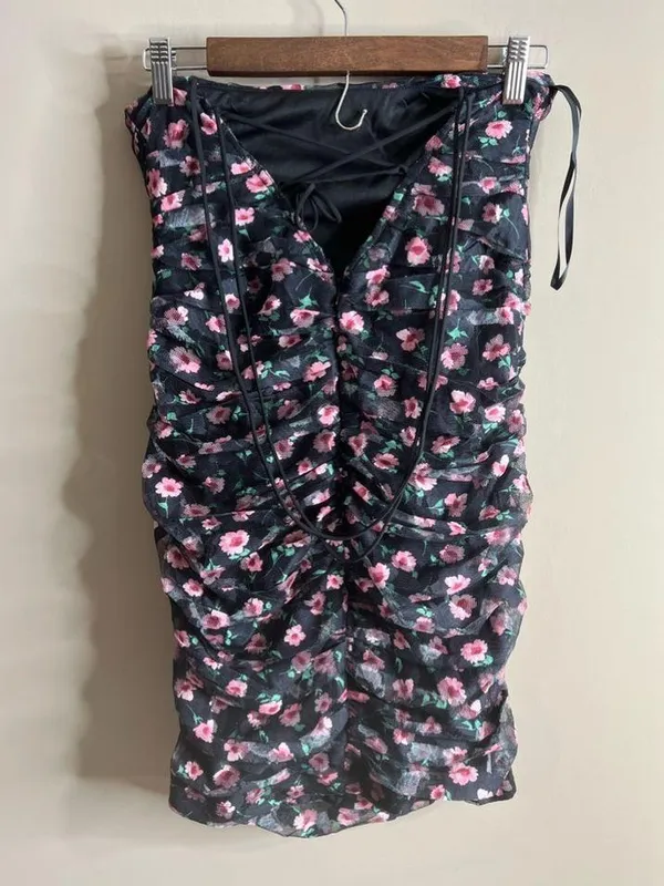 NWT Angel Biba lined black floral ruched body con dress size large - Image 8