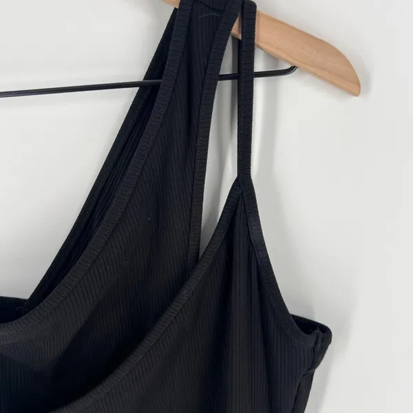Lulus Womens Size M Black Ribbed One-Shoulder Tulip Hem Faux Wrap Dress‎ M - Image 4