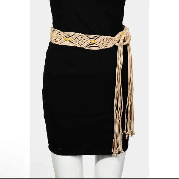 NWT Macrame Boho Woven Rattan Straw Rope Braid Waist Belt Khaki Tan - Image 2