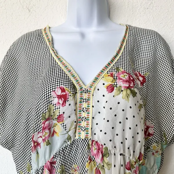 Johnny Was Silk Tunic M floral Embroidered Gathered Waist blouse lightweight - Image 4