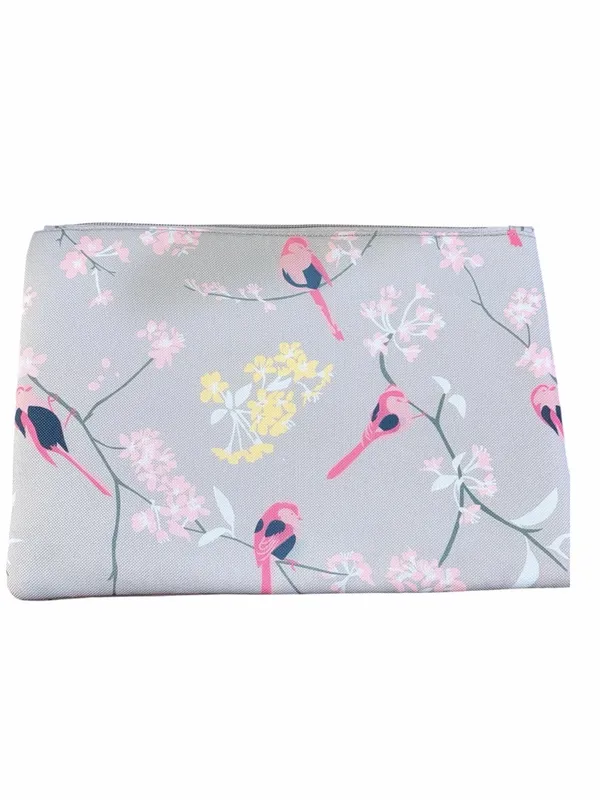 Gray Floral and Bird Print Zipper Cosmetic Makeup Travel Pouch - Image 2