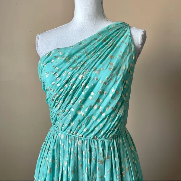 SHOSHANNA | Silk Blend Teal/Metallic Gold Rayna One-Shoulder Cocktail Dress Sz 4 - Image 4