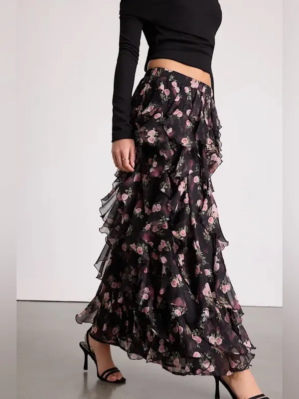 Lulu’s Carion Black Floral Ruffled Maxi Skirt - Image 2