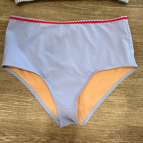 J. Crew seersucker one shoulder ruffle bikini set high waisted blue white Medium - Image 2