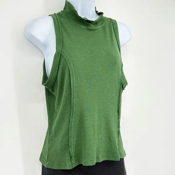 Pilcro Anthropologie Tank Top‎ Womens M Green Mock Neck Ribbed Raw Edge Boho - Image 4