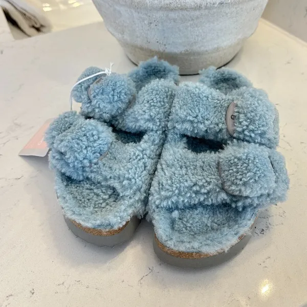 BIRKENSTOCK Arizona Big Buckle Genuine Shearling Slide Sandal in Faded Aqua - Image 3