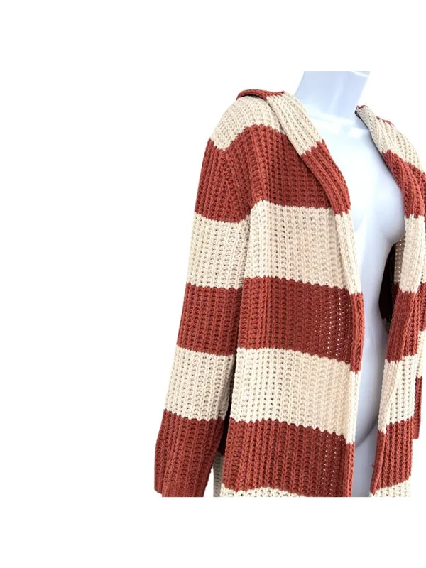 POL Striped Hooded Open Cardigan Sweater Rust Cream Size Small Cozy Boho - Image 6