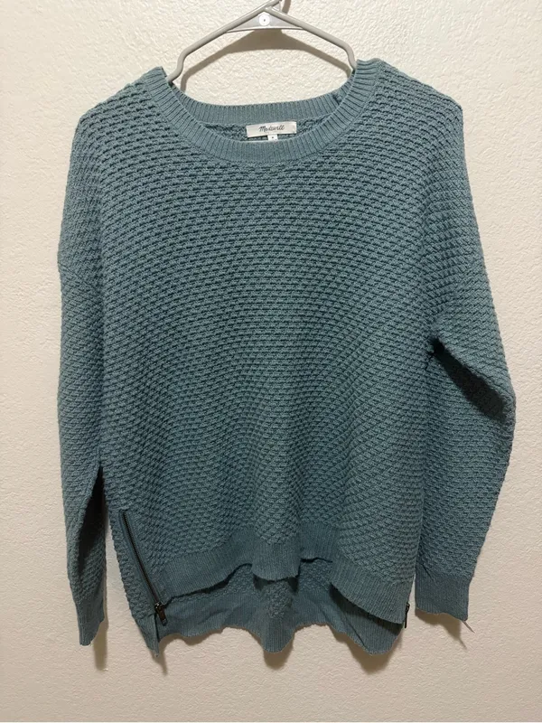 Madewell Landmark Side-Zip Sweater Medium Blue Teal Textured Knit - Image 2