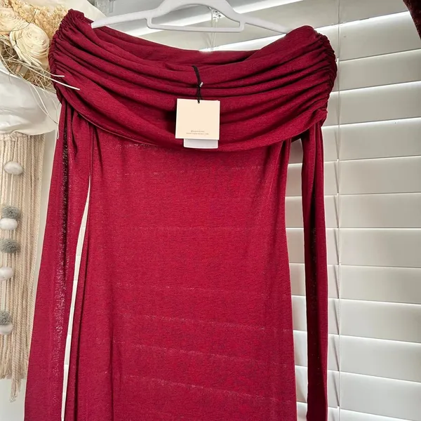 Superdown Burgundy Chantal Off Shoulder sheer gown Maxi dress Small Formal - Image 4