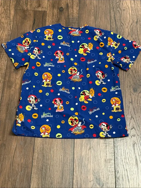 Disney Women’s Happy Halloween Blue Printed V-Neck Scrub Top - Image 4