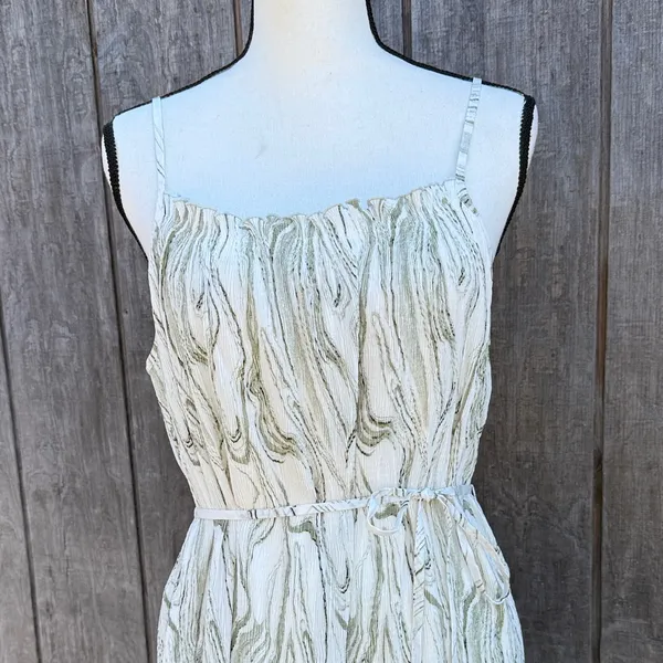 S Deer Shabby Chic Spaghetti Strap Cream & Green Print Elegant Maxi Dress Size L - Image 2