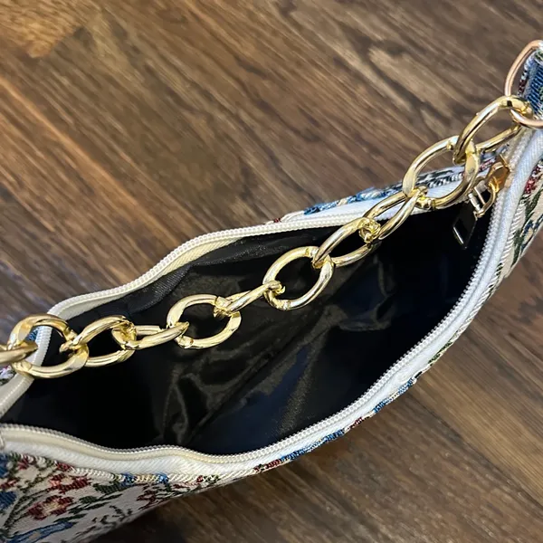 Floral Print Bag with Gold Chain Blue - Image 5