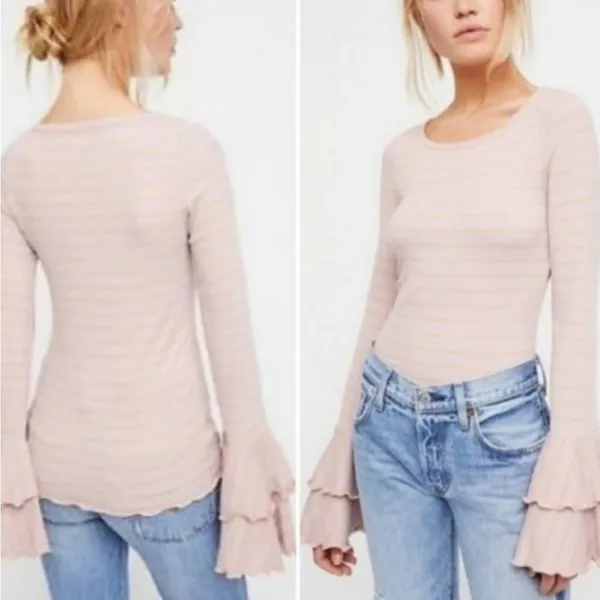 Free People We The Free Bell Sleeve Striped Pink Scoop Neck Top Small - Image 2