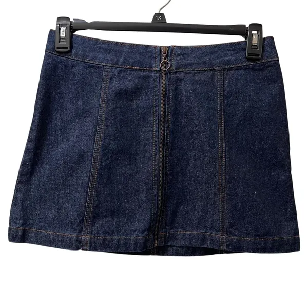 Dark Wash Denim Mini Skirt Front‎ Zip Ring Pull Y2K Fitted Womens S Preppy Edgy - Image 2