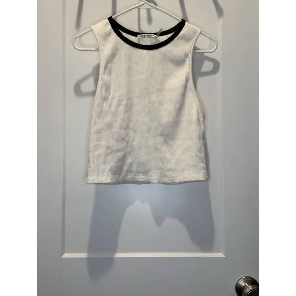 Alice & Olivia Woman’s White Black Ribbed Cropped Andre Tank Top Large Crew - Image 2