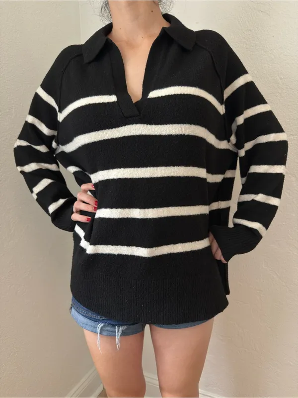 Aerie‎ Striped Polo Sweater Womens M Oversized Black White Knit V-Neck Pullover - Image 3