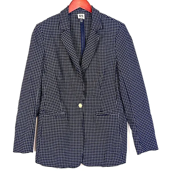 Anne Klein Blazer Jacket Women's Medium Navy Blue White Stretch 90s Office Siren - Image 3