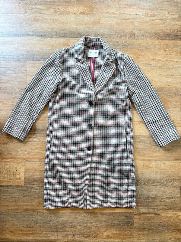 Velvet by Graham & Spencer Wool Blend Houndstooth Trench Coat Black White Pink - Image 6