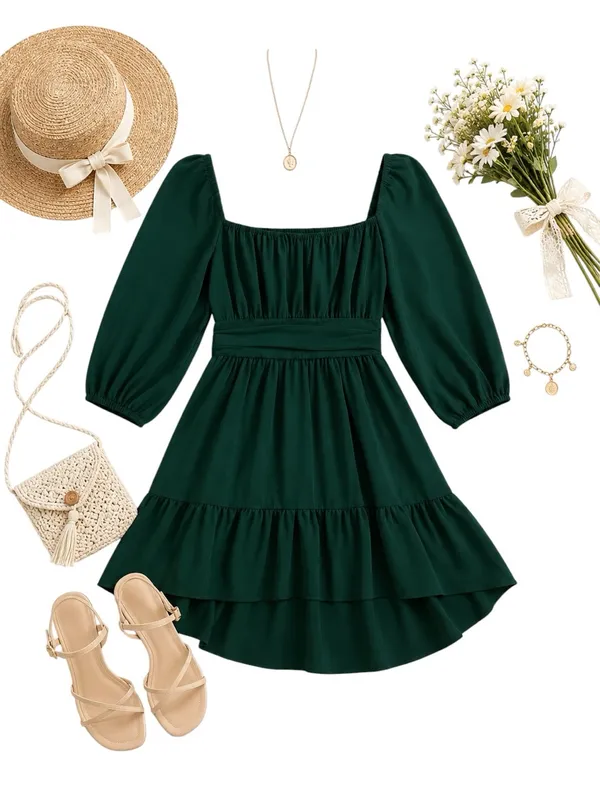 Exlura Green Square Neck Puff Sleeve High Low Mini Dress XL Cottagecore Boho - Image 2
