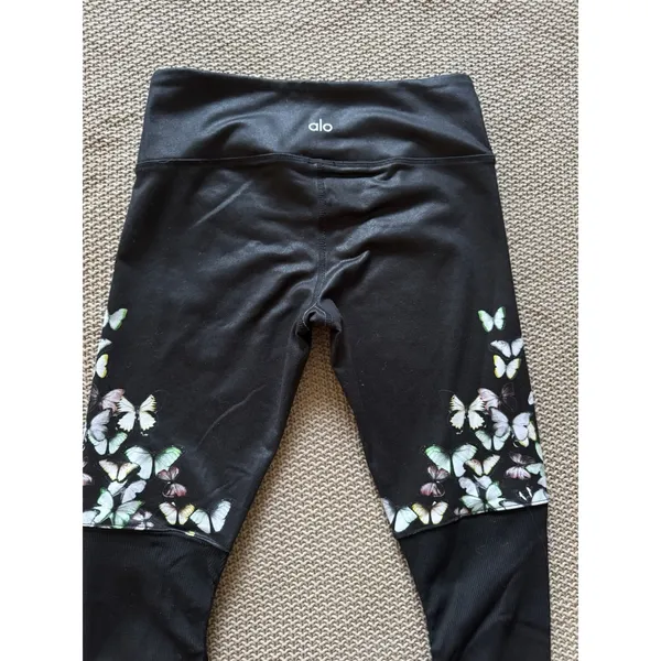 Alo Women's Yoga Goddess Leggings Black Ribbed Low Rise Butterfly Design Sz Xs - Image 6