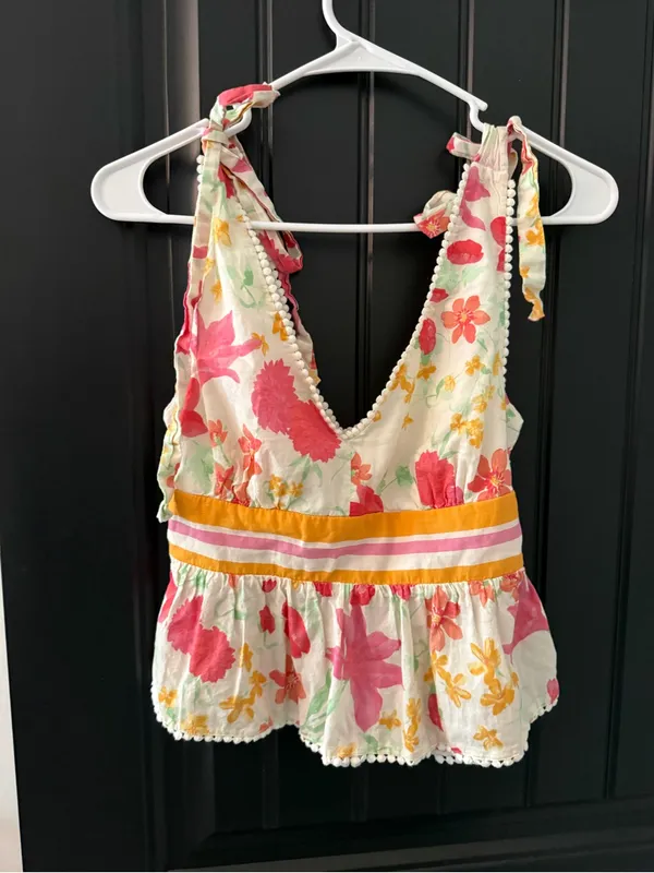 Francesca's Floral Tie-Shoulder Peplum Tank S - Pink & Cream - Image 3