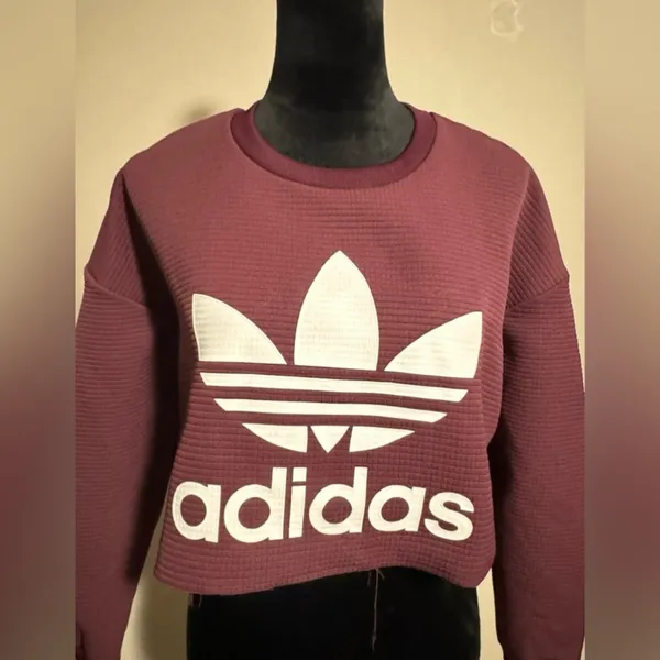 EUC Adidas Burgundy and White Long Sleeve Graphic Cropped Sweater size small - Image 2