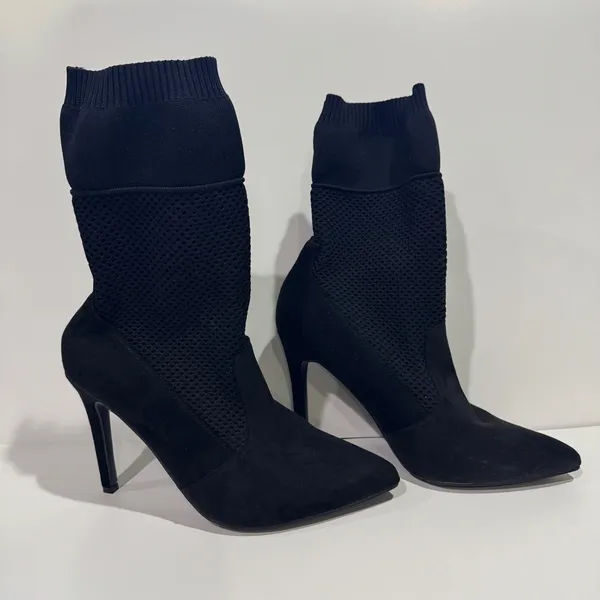 Anne Michelle Black Sock Booties Size 8 Mesh Knit Stiletto Pointed Toe Mid Calf - Image 2