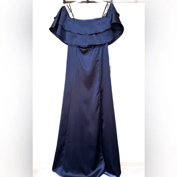 Lulus Pure Happiness Navy Blue Satin Off-the-Shoulder Maxi Dress - Image 4