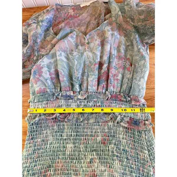 LoveShackFancy Floral Smocked Midi Dress Blue Pink Ruffle Size M - Image 8