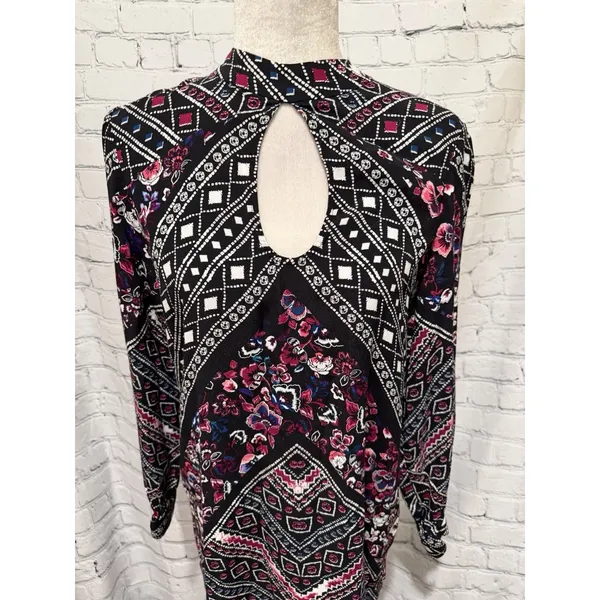 EXPRESS Rayon Long Sleeve Dress Keyhole Front Back Floral Black Purple Pink L - Image 2