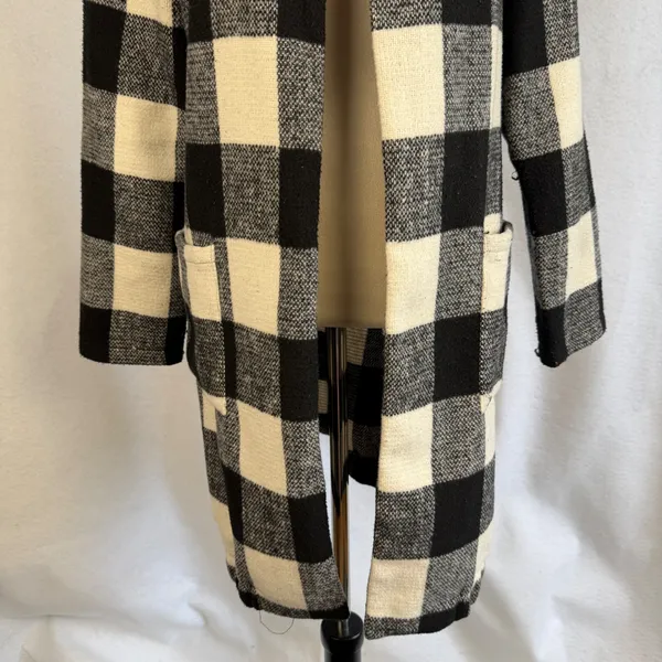 Buffalo Plaid Open Front Cardigan Coat Black‎ White Womens Large Office Preppy - Image 4